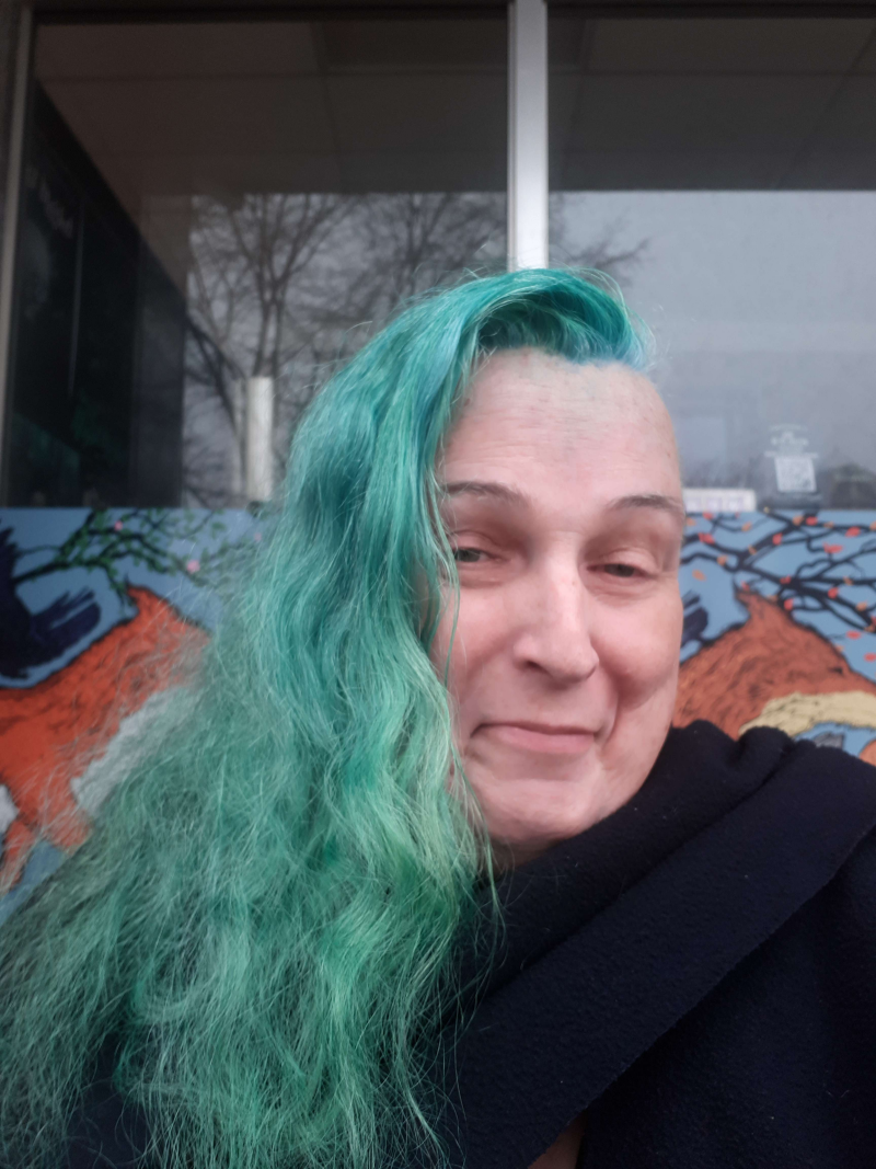 [small] Cait Glasson portrait: woman with long sea-green hair  