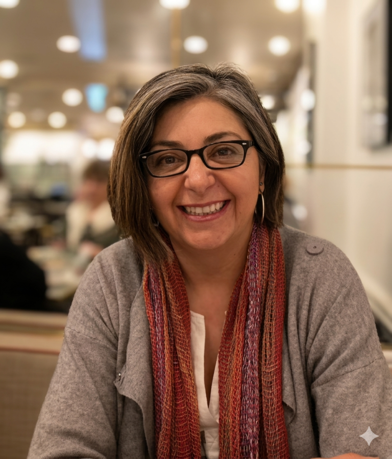 [small] Isabel Cisterna Portrait: woman with shoulder length hair, glasses and artisan scarf