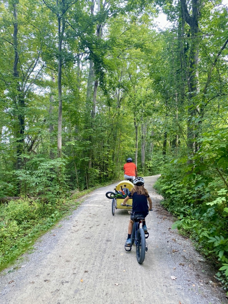 A family biking on a tree-lined trail